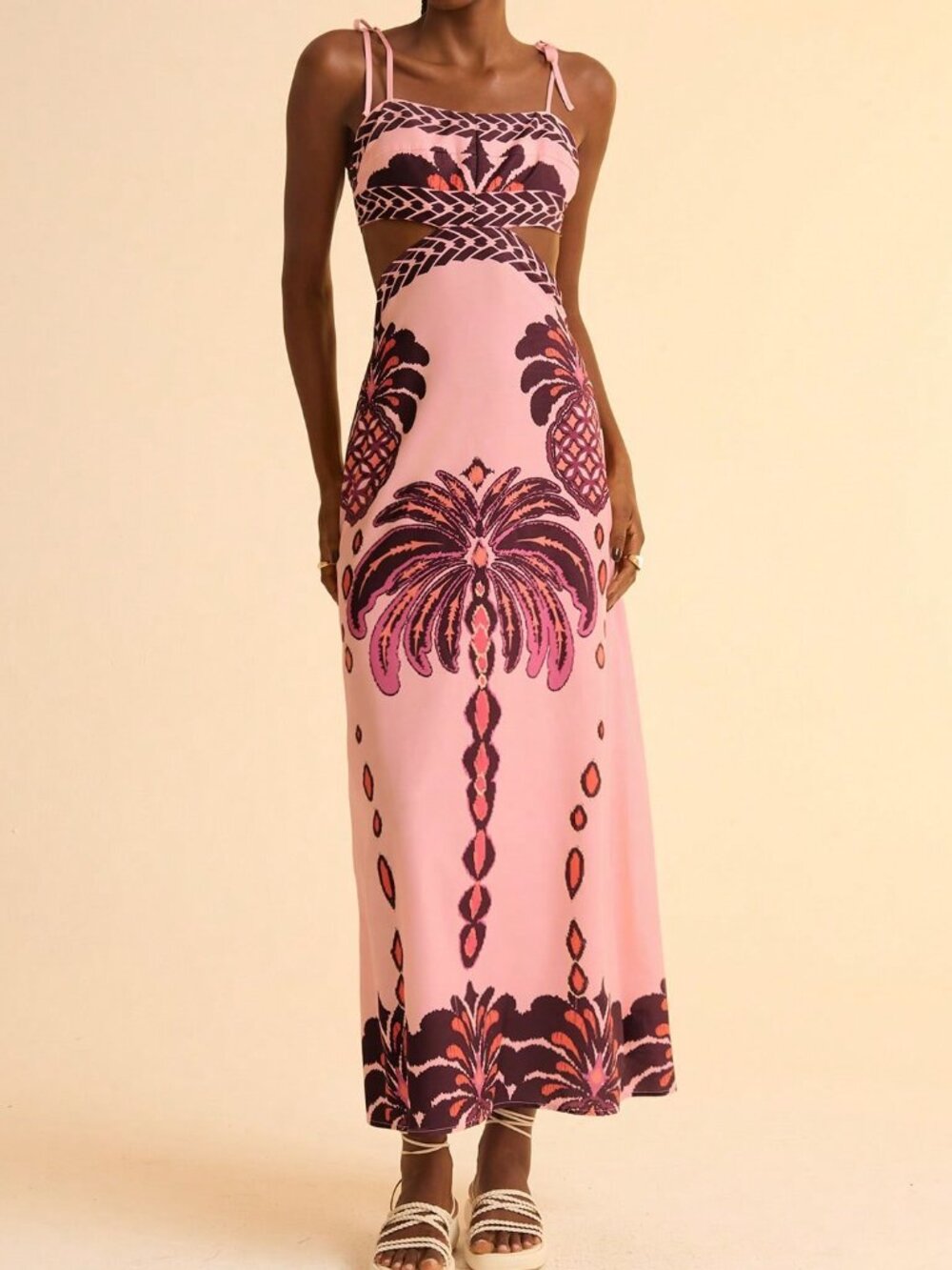 Pink Boho Women's Banana Tree Pineapple Print Sleeveless Dress - Picture 3 of 7